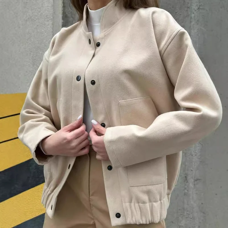 Damen Kurz geschnittene Bomberjacke aus Wollmix mit Druckknopfverschluss und elastischem Saum Nord Taschen