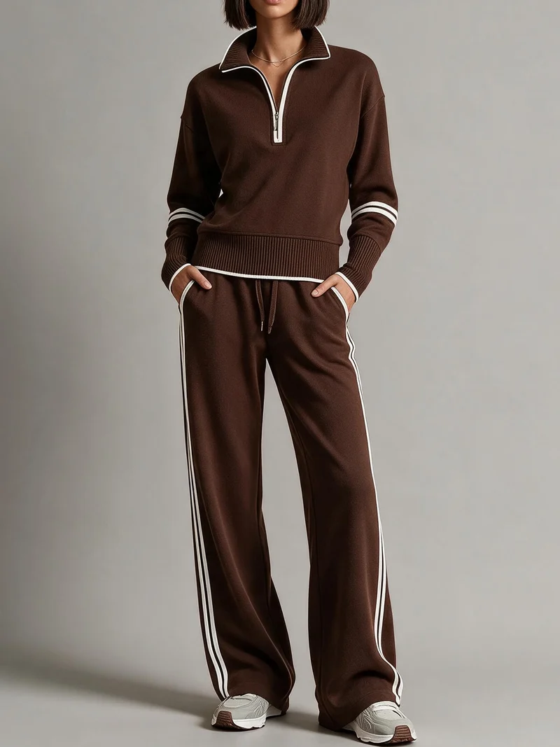 Damen Komfortables Strick-Jogging-Set mit Stehkragen, halbem Reißverschluss und Kontraststreifen Nord Taschen
