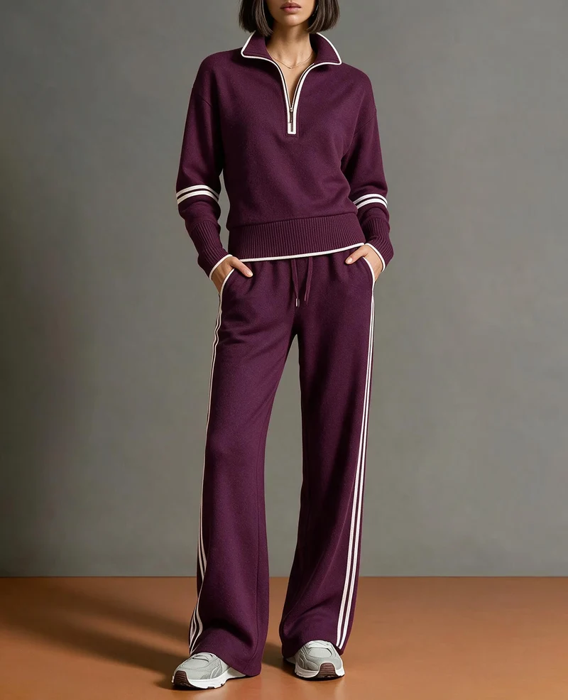 Damen Komfortables Strick-Jogging-Set mit Stehkragen, halbem Reißverschluss und Kontraststreifen Nord Taschen