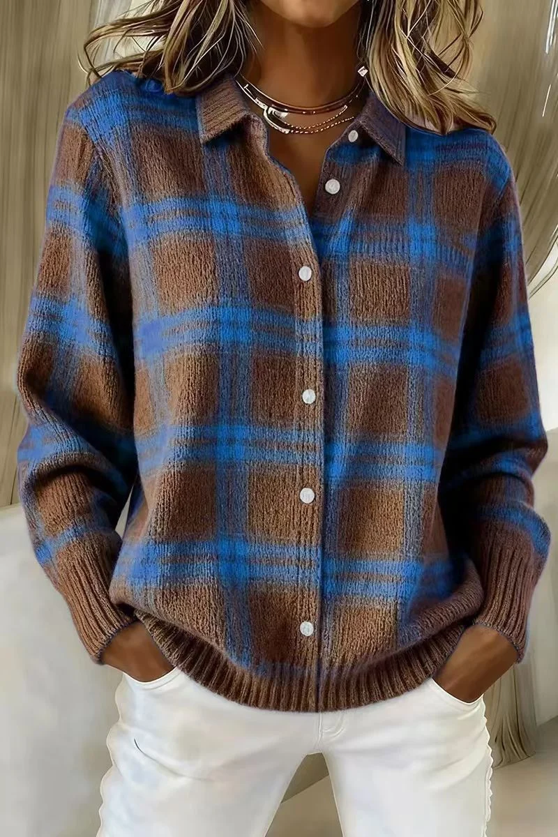 Damen Kariertes Strick-Hemdjacke-Cardigan mit Hemdkragen und gerippten Bündchen Nord Taschen
