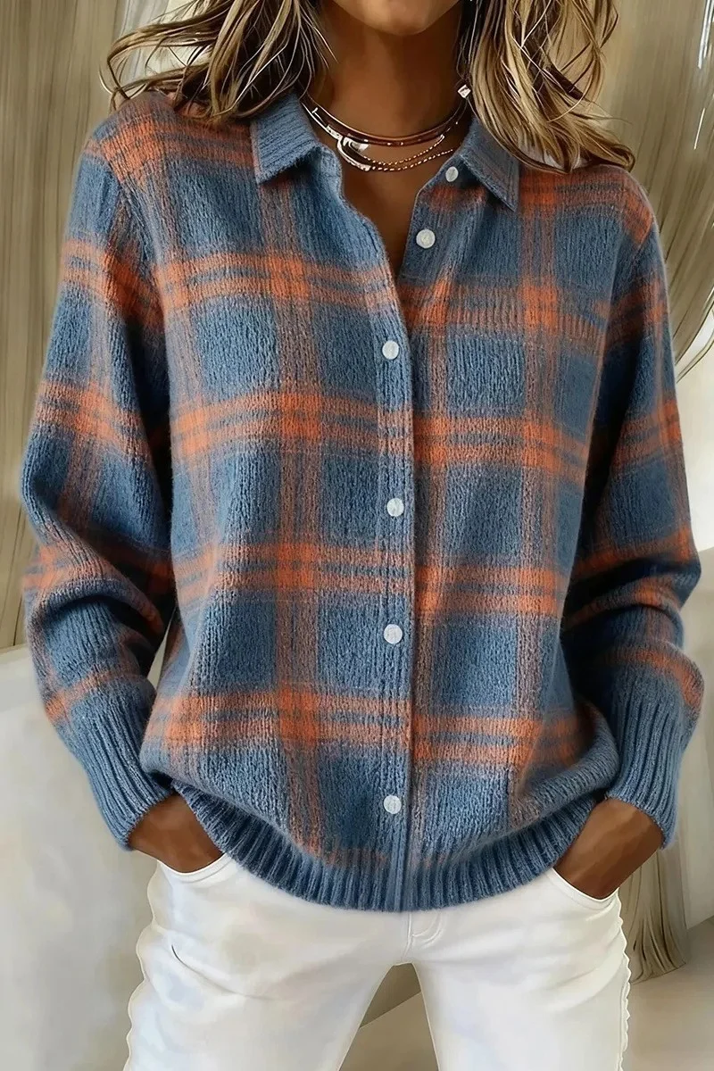 Damen Kariertes Strick-Hemdjacke-Cardigan mit Hemdkragen und gerippten Bündchen Nord Taschen