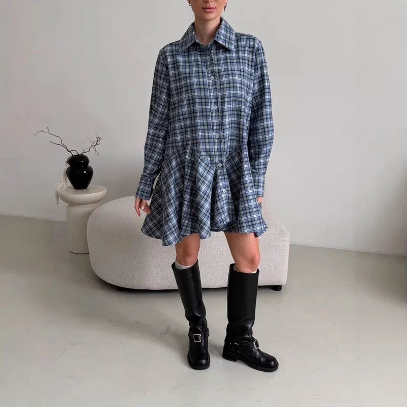 Damen Kariertes Hemdblusen-Minikleid mit ausgestellter Volant-Taille Nord Taschen
