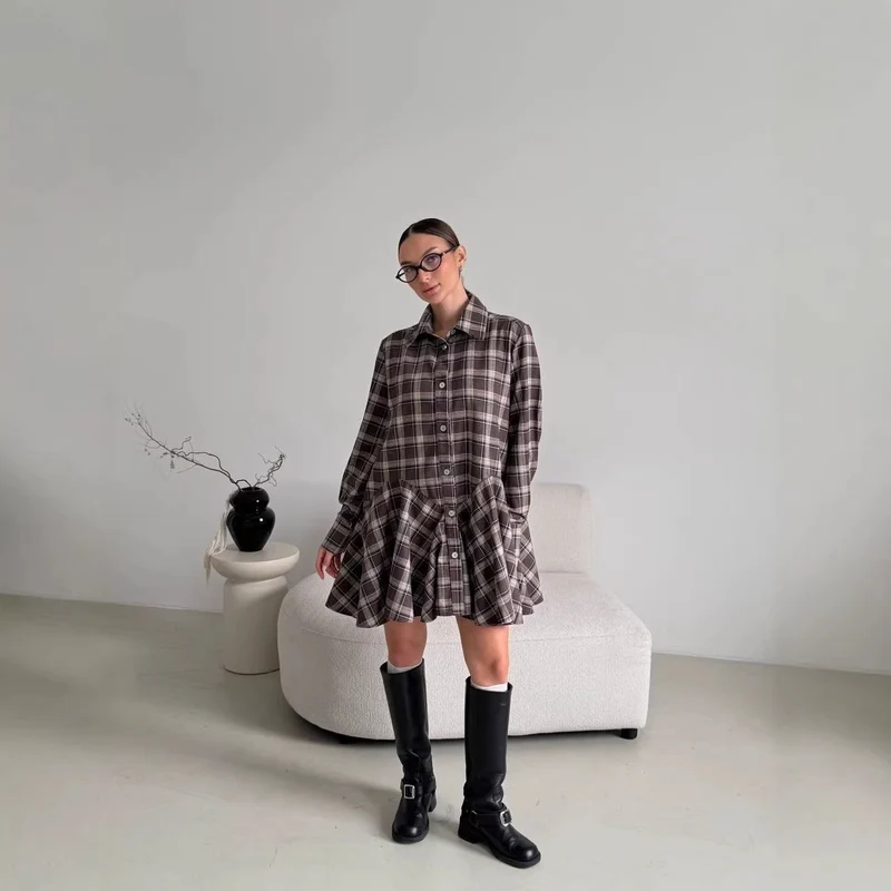 Damen Kariertes Hemdblusen-Minikleid mit ausgestellter Volant-Taille Nord Taschen