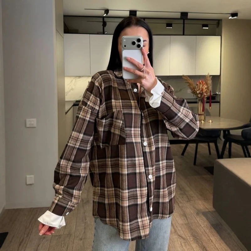 Damen Kariertes Flanell-Overshirt mit Hemdblusenkragen, Relaxed-Fit und aufgesetzter Brusttasche Nord Taschen