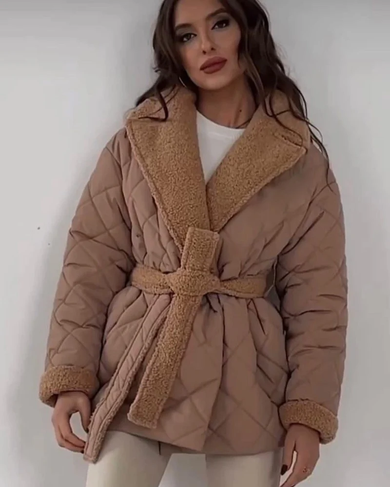Damen Steppjacke mit Teddy-Futter Taillengürtel und großem Schalkragen Nord Taschen