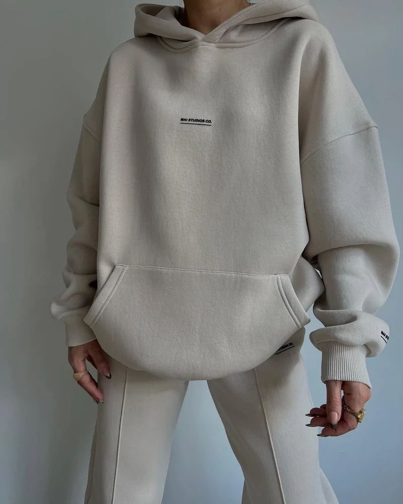 Damen Set Schwere French‑Terry Oversize‑Kapuzenpullover mit Kängurutasche und Slim‑Jogginghose Nord Taschen