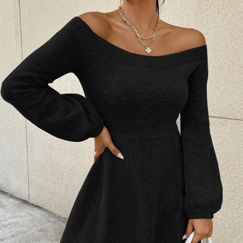 Damen Schulterfreies Feinstrick-Kleid mit taillierter Passform und Ballonärmeln Nord Taschen