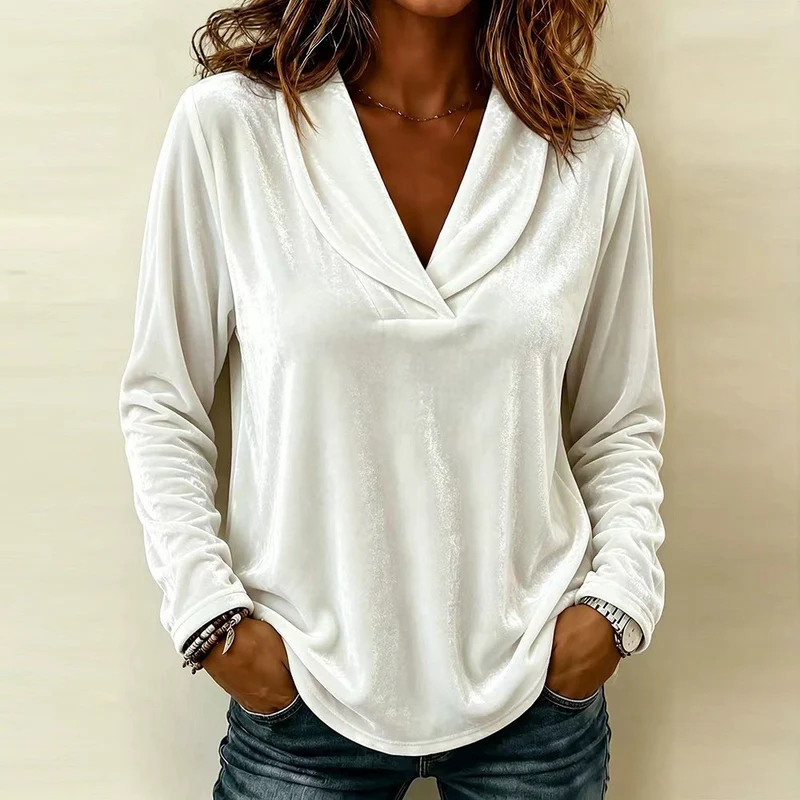 Damen Samt-Relaxshirt mit Schalkragen, V-Ausschnitt und legere Oversize-Passform Nord Taschen