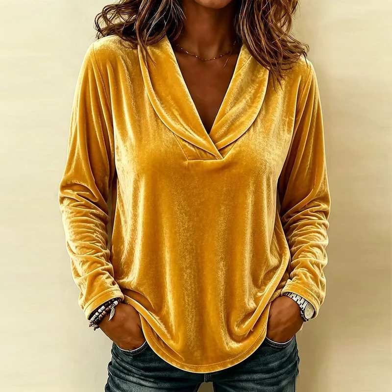 Damen Samt-Relaxshirt mit Schalkragen, V-Ausschnitt und legere Oversize-Passform Nord Taschen