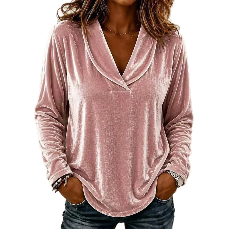 Damen Samt-Relaxshirt mit Schalkragen, V-Ausschnitt und legere Oversize-Passform Nord Taschen