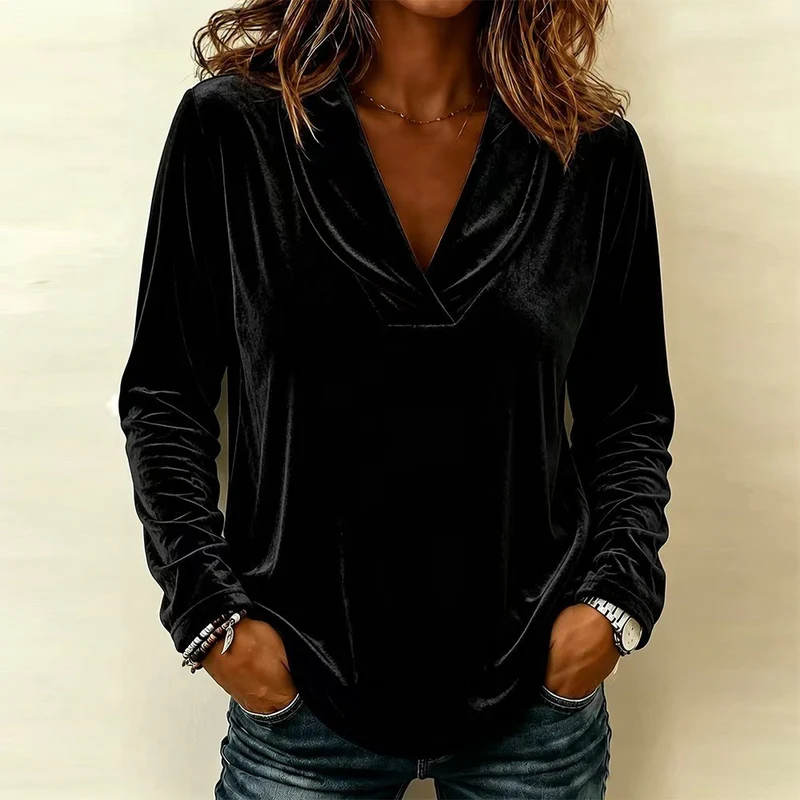 Damen Samt-Relaxshirt mit Schalkragen, V-Ausschnitt und legere Oversize-Passform Nord Taschen