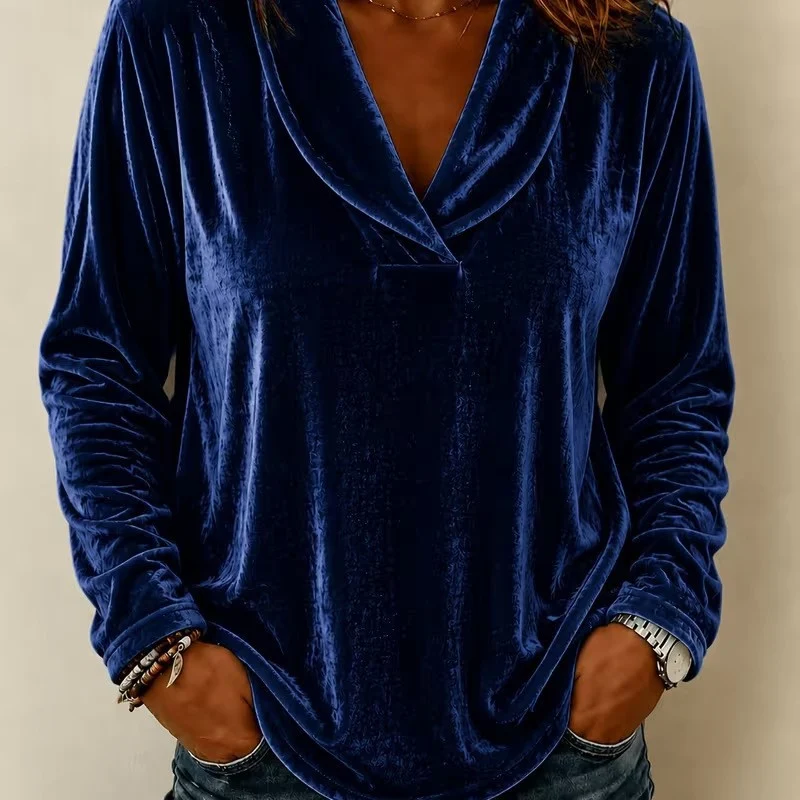 Damen Samt-Relaxshirt mit Schalkragen, V-Ausschnitt und legere Oversize-Passform Nord Taschen