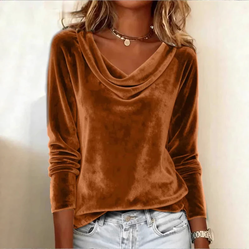 Damen Samt-Longsleeve mit Wasserfallkragen und legerem Schnitt Nord Taschen
