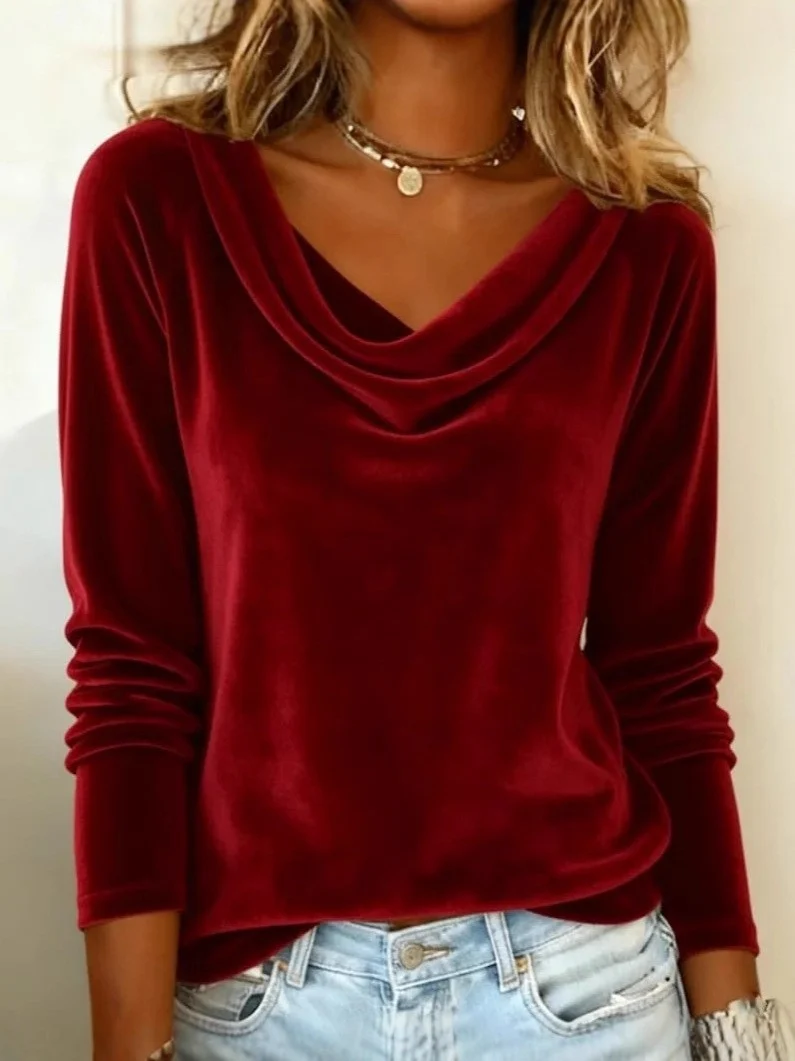 Damen Samt-Longsleeve mit Wasserfallkragen und legerem Schnitt Nord Taschen