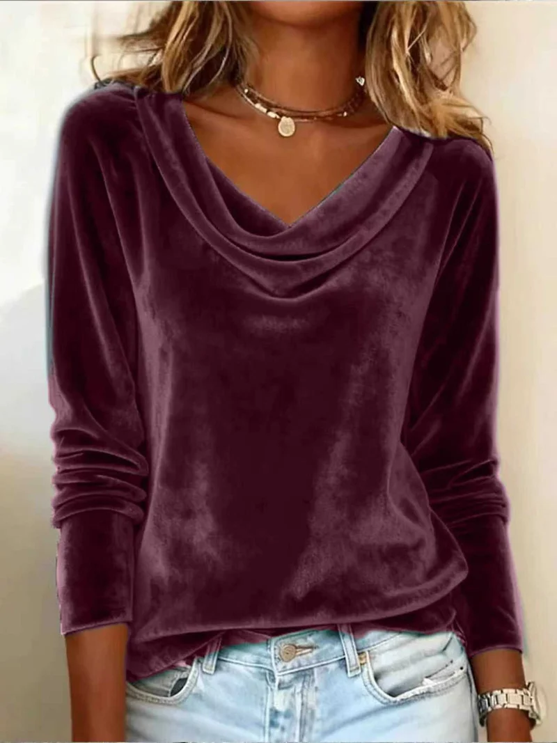 Damen Samt-Longsleeve mit Wasserfallkragen und legerem Schnitt Nord Taschen