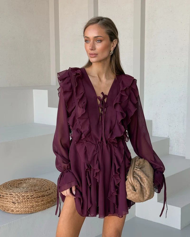 Damen Romantisches Chiffon-Minikleid mit Volants und Schnürdetail Nord Taschen