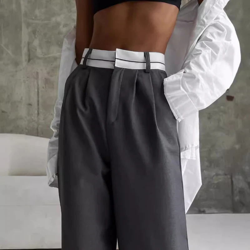 Damen Hochtaillierte weite Bundfaltenhose mit Kontrastbund Nord Taschen