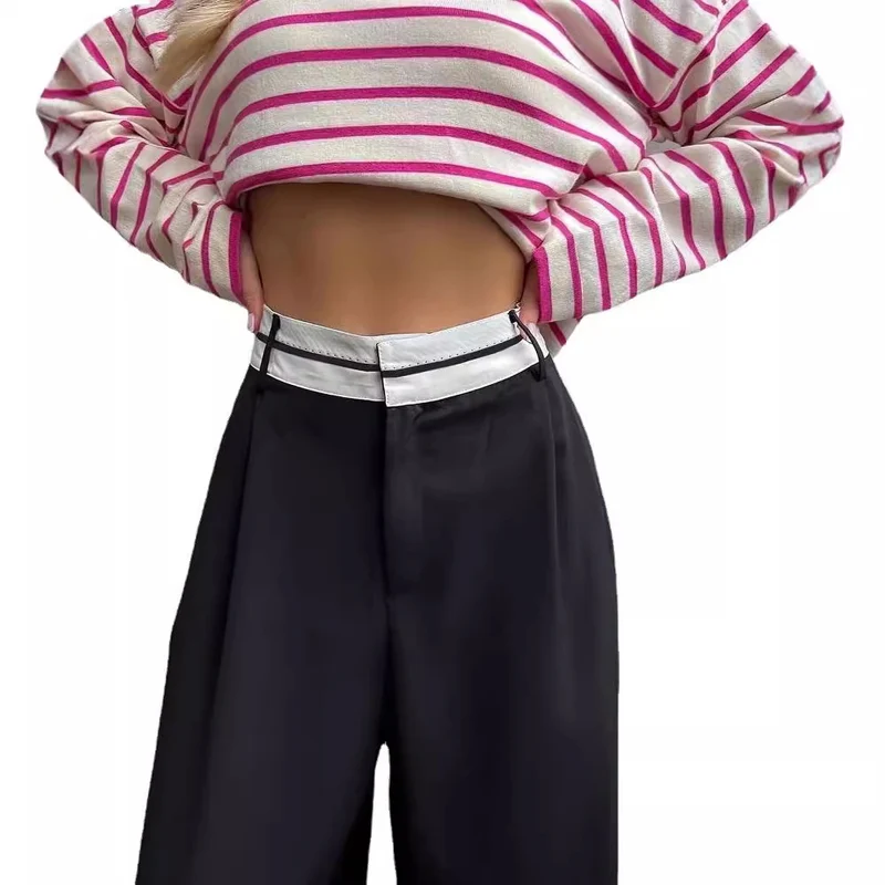 Damen Hochtaillierte weite Bundfaltenhose mit Kontrastbund Nord Taschen