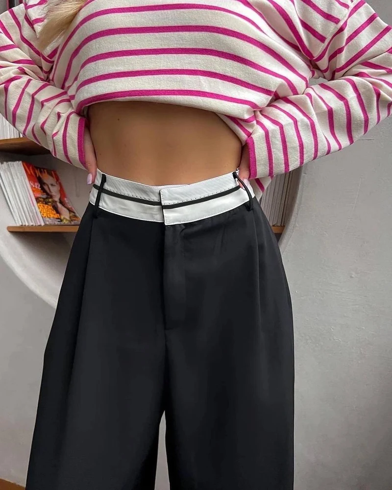 Damen Hochtaillierte weite Bundfaltenhose mit Kontrastbund Nord Taschen