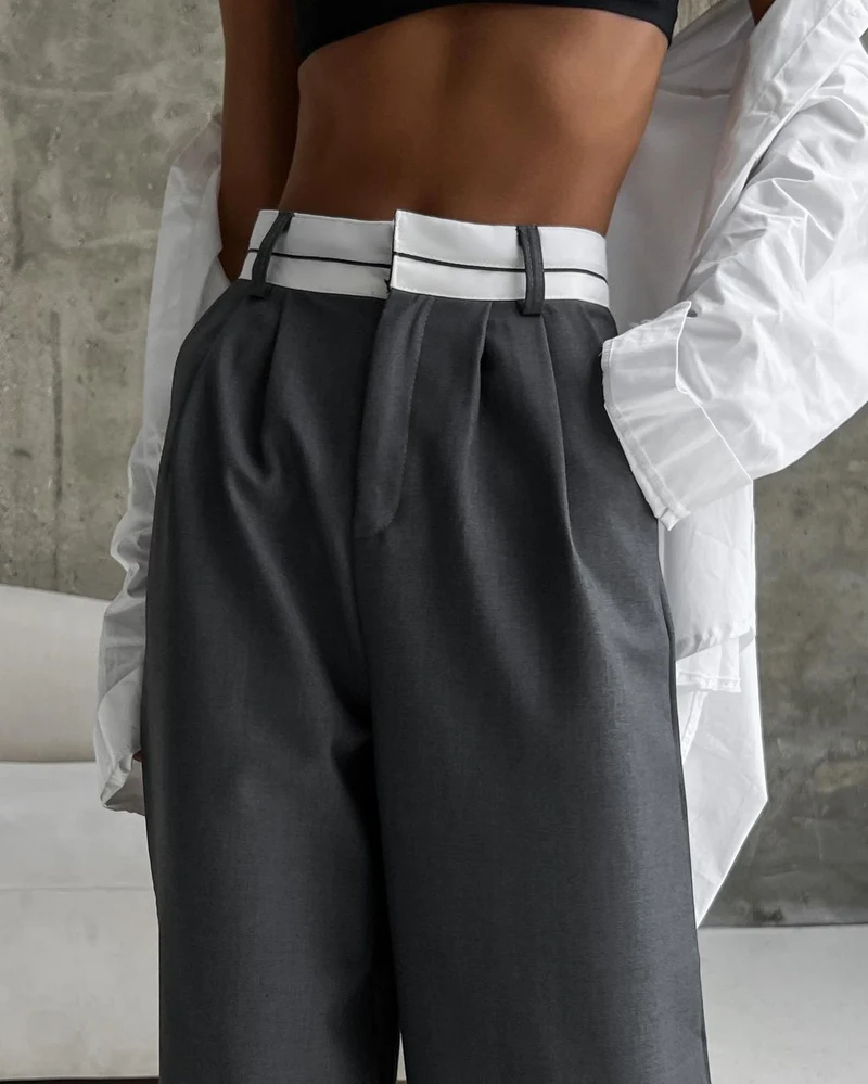 Damen Hochtaillierte weite Bundfaltenhose mit Kontrastbund Nord Taschen