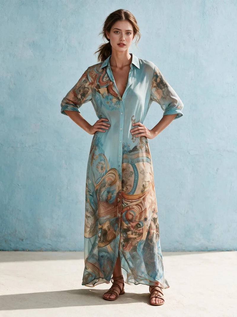 Damen Hemdblusenkleid Maxikleid in fließender Seidenoptik mit kunstvollem Allover-Print und 3/4-Ärmeln Nord Taschen