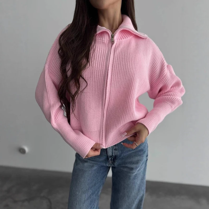 Damen Grobstrick-Zipper-Cardigan mit Ballonärmeln und Stehkragen Nord Taschen