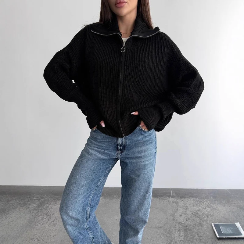 Damen Grobstrick-Zipper-Cardigan mit Ballonärmeln und Stehkragen Nord Taschen