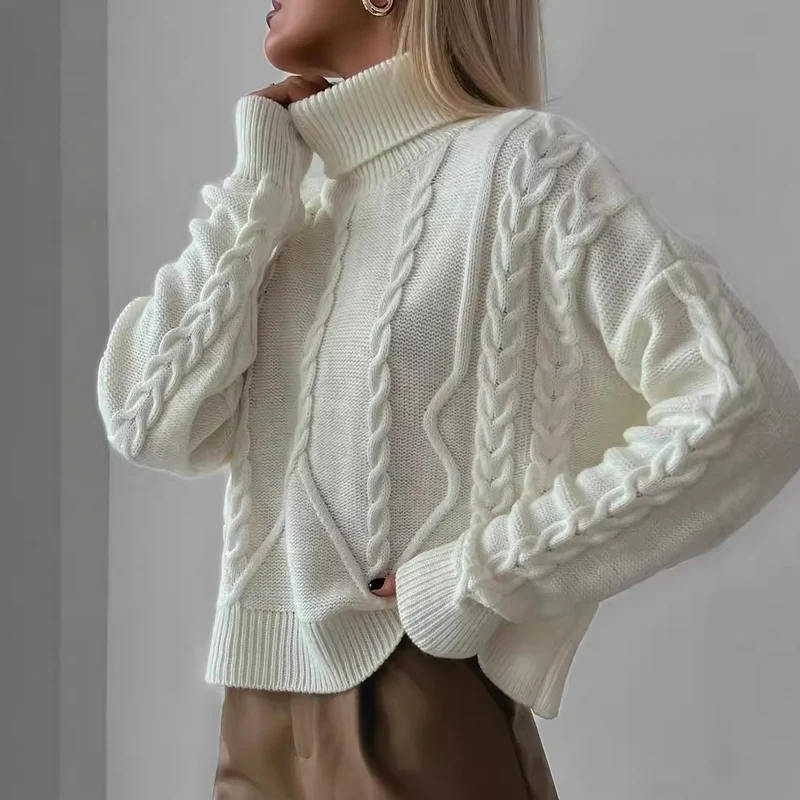 Damen Grobstrick-Rollkragenpullover mit Zopfstrick-Details Nord Taschen