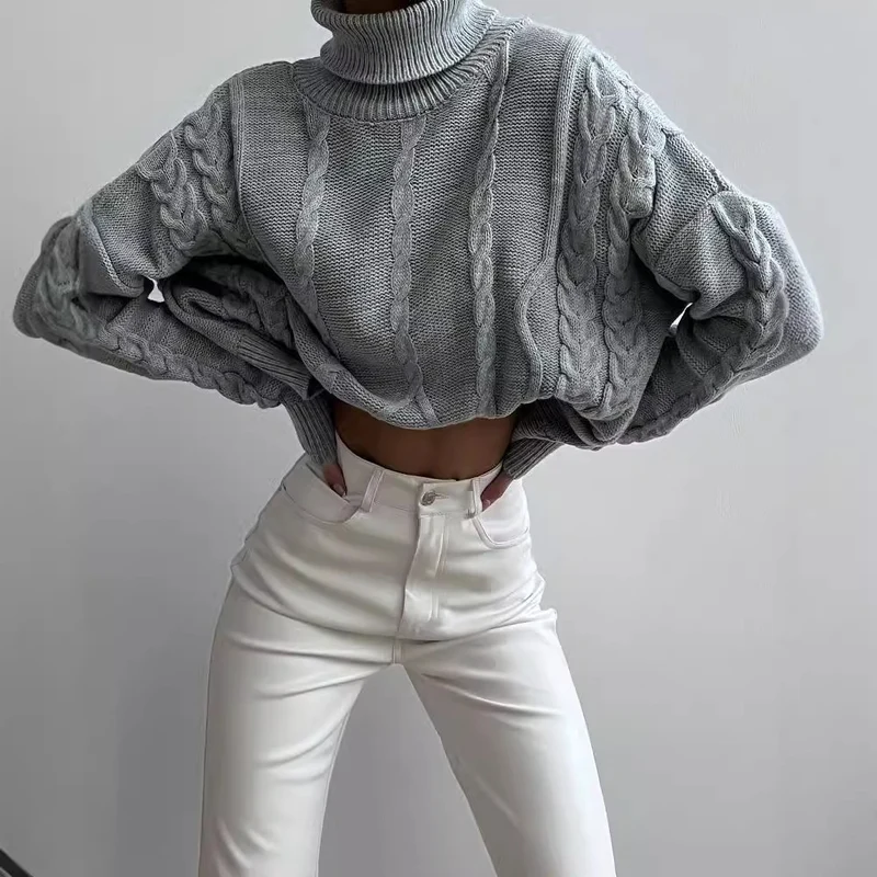 Damen Grobstrick-Rollkragenpullover mit Zopfstrick-Details Nord Taschen