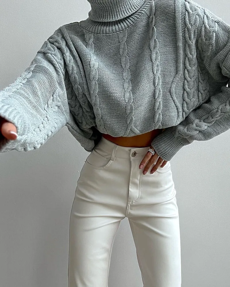 Damen Grobstrick-Rollkragenpullover mit Zopfstrick-Details Nord Taschen