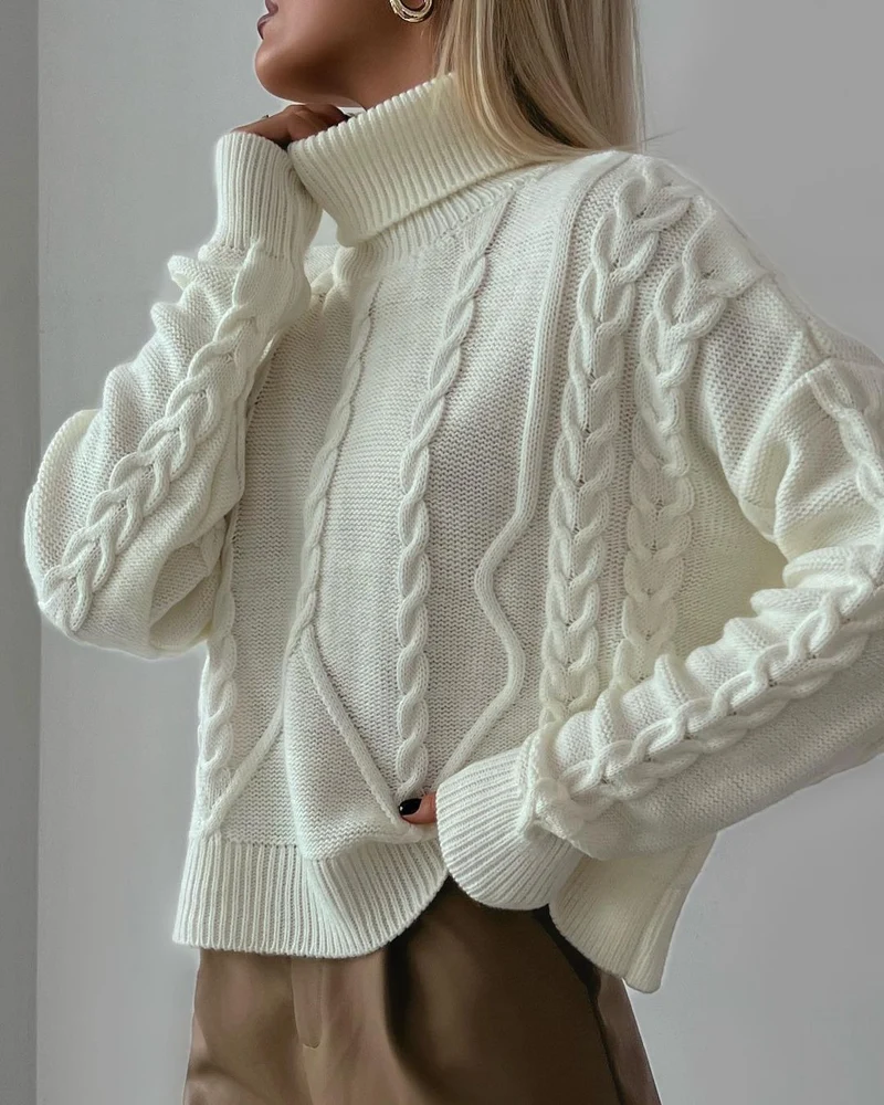 Damen Grobstrick-Rollkragenpullover mit Zopfstrick-Details Nord Taschen