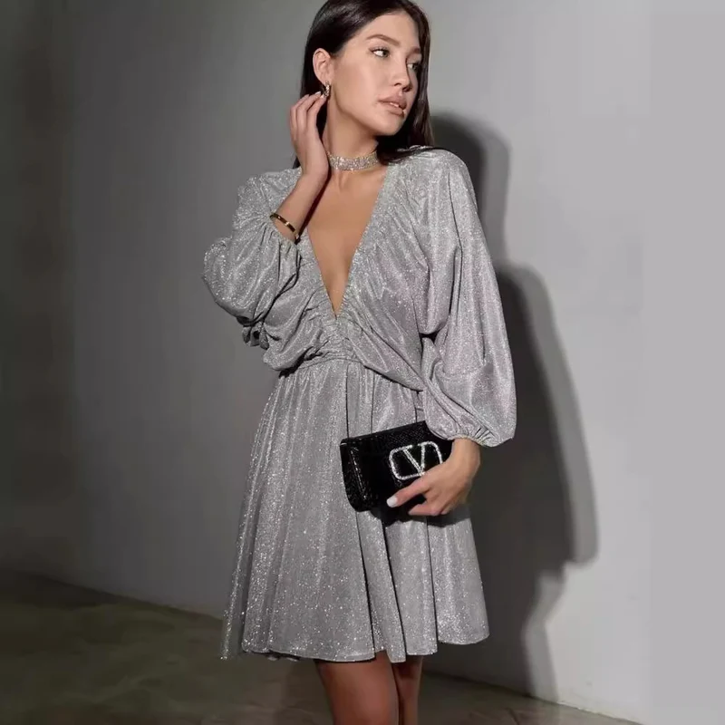 Damen Glitzerndes Abendkleid mit tiefem V Ausschnitt, Ballonärmeln und taillenbetonter Glockenrock Nord Taschen