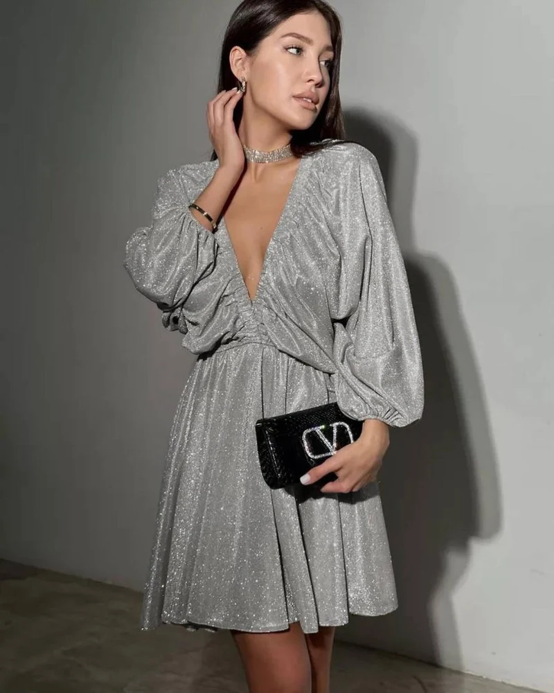 Damen Glitzerndes Abendkleid mit tiefem V Ausschnitt, Ballonärmeln und taillenbetonter Glockenrock Nord Taschen