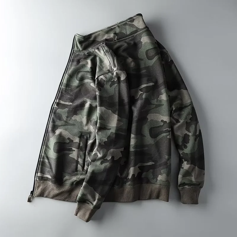 Herren Camouflage Baumwoll‑Fleece‑Zipjacke mit Stehkragen und Rippbündchen Nord Taschen