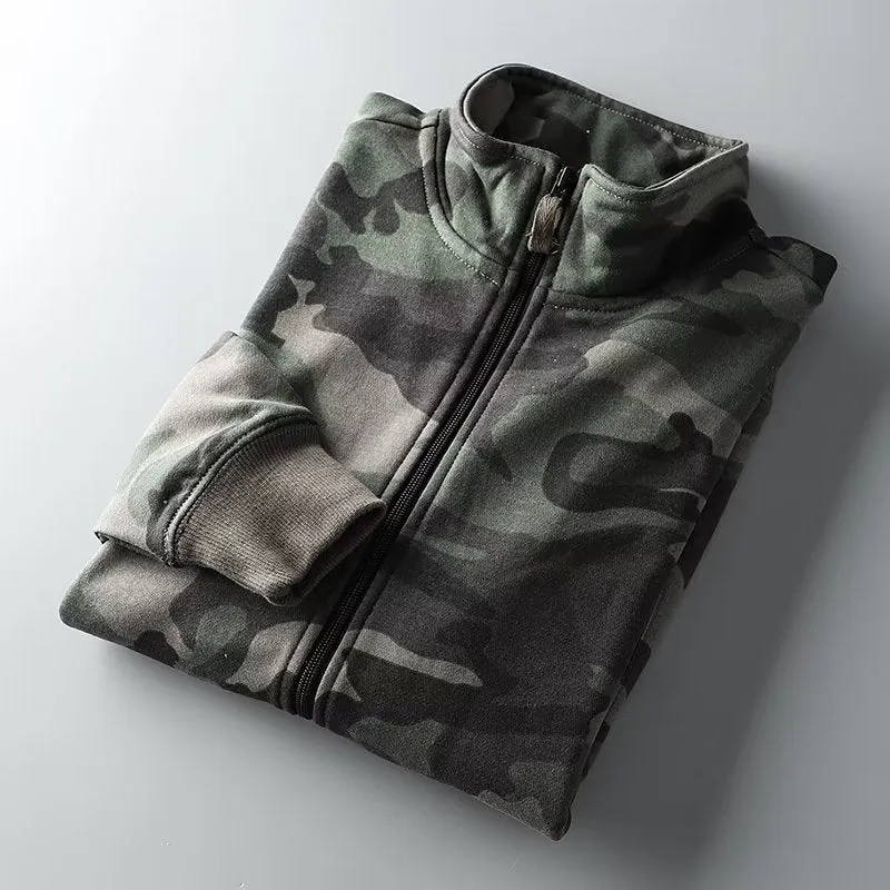 Herren Camouflage Baumwoll‑Fleece‑Zipjacke mit Stehkragen und Rippbündchen Nord Taschen