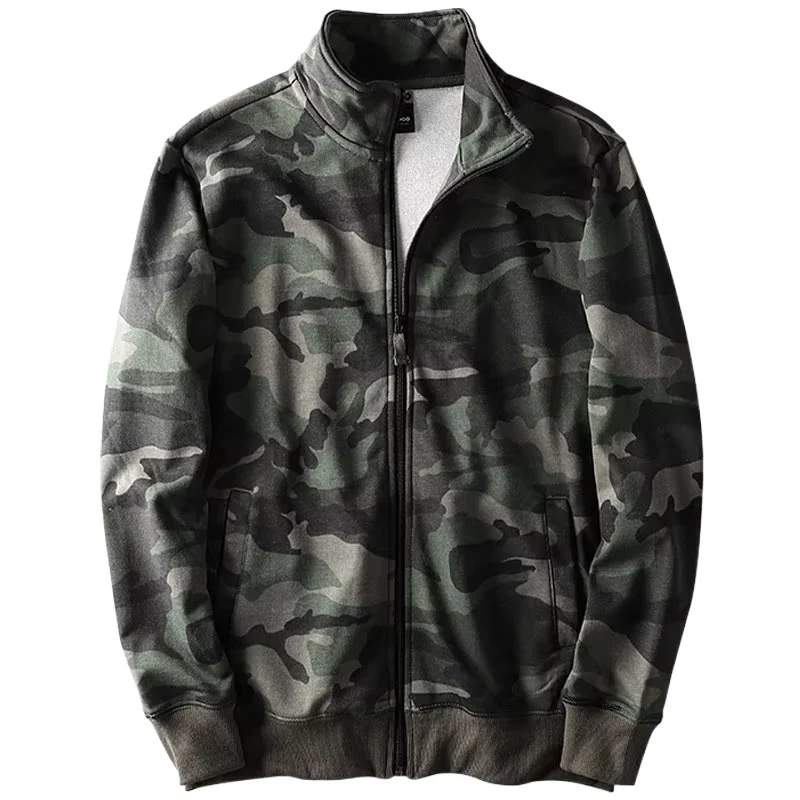 Herren Camouflage Baumwoll‑Fleece‑Zipjacke mit Stehkragen und Rippbündchen Nord Taschen