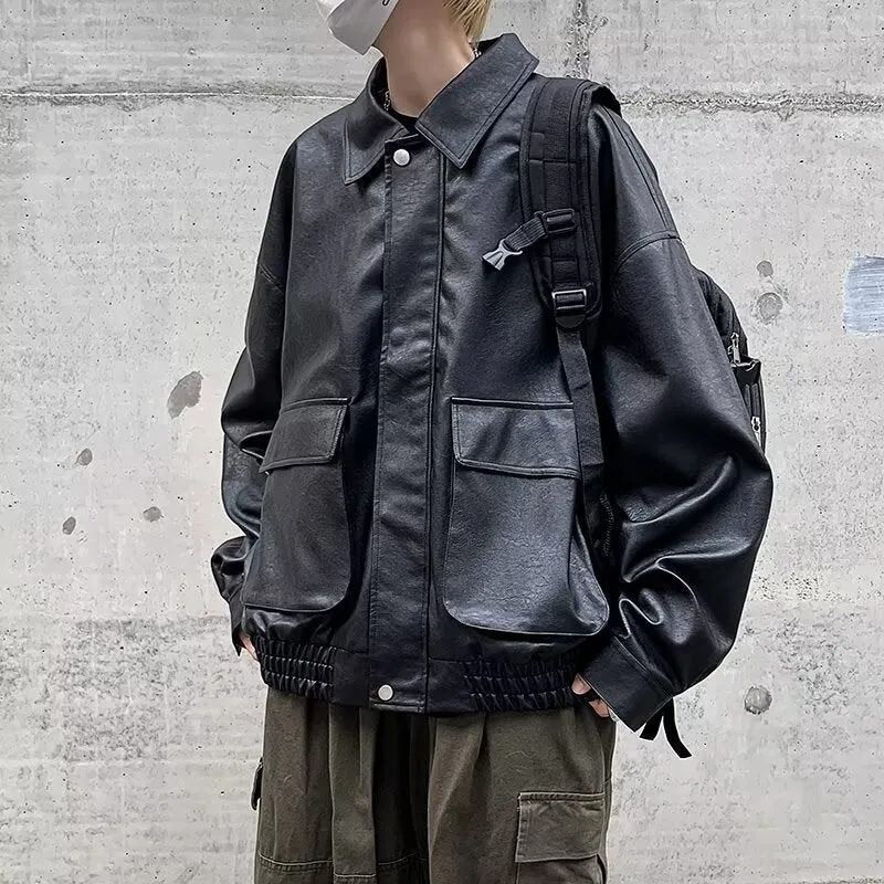 Herren Boxy Overshirt aus Lederoptik mit Hemdkragen und aufgesetzten Brusttaschen Nord Taschen