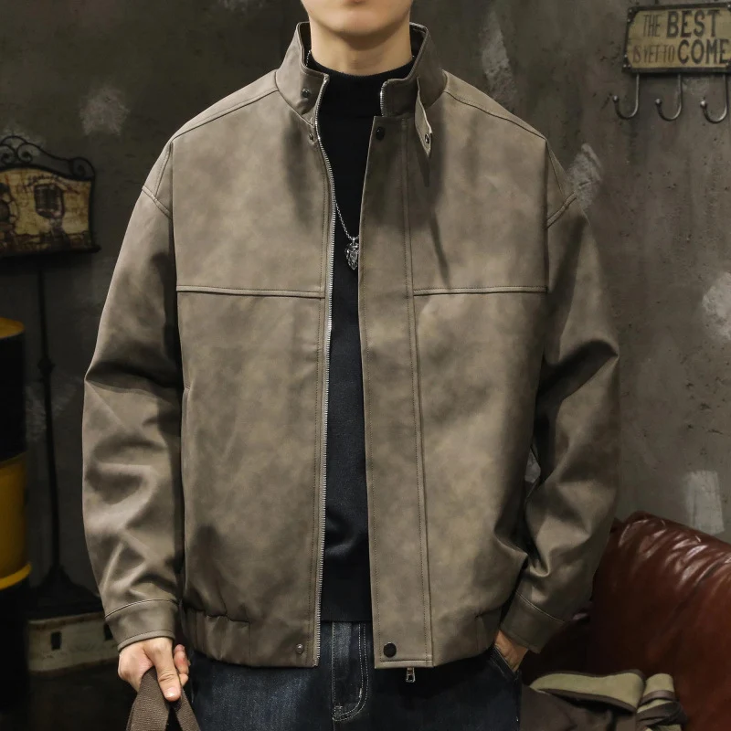 Herren Boxy Lederoptik-Blouson mit verdeckter Reißverschlussleiste, Stehkragen und elastischem Bund Nord Taschen