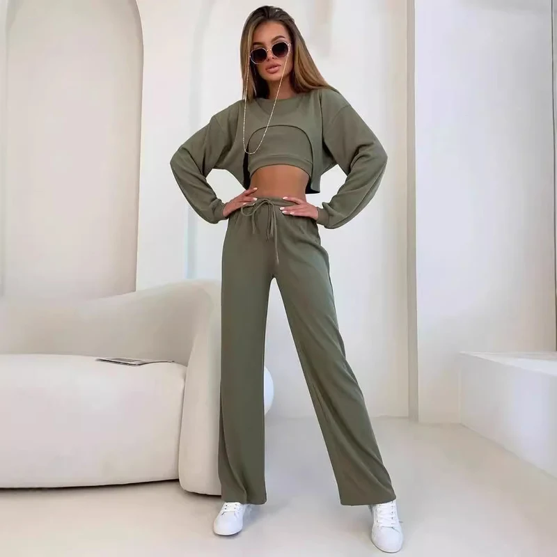 Damen Ripp-Lounge-Set mit Cut-Out Croptop, Oversize Cropped Pullover und High-Waist Jogginghose Nord Taschen