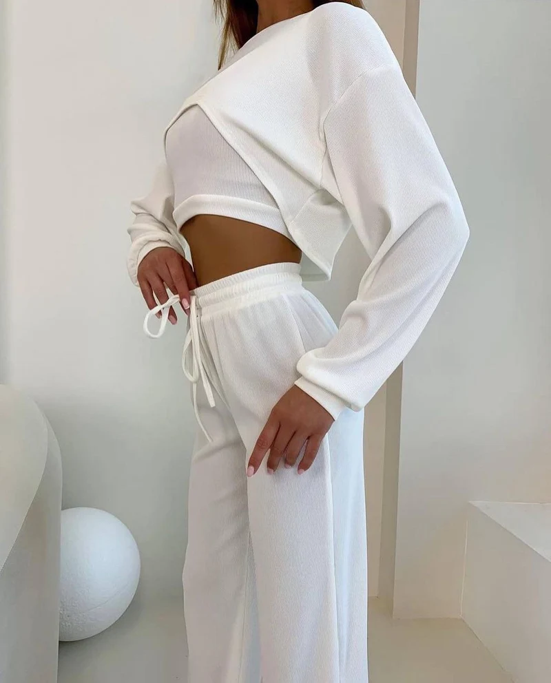 Damen Ripp-Lounge-Set mit Cut-Out Croptop, Oversize Cropped Pullover und High-Waist Jogginghose Nord Taschen