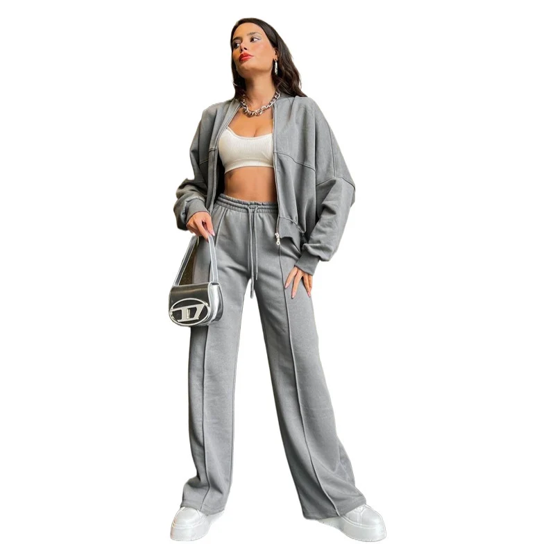 Damen Oversized Zip-Hoodie-Set mit Cropped Top und weiter Naht-Sweathose Nord Taschen