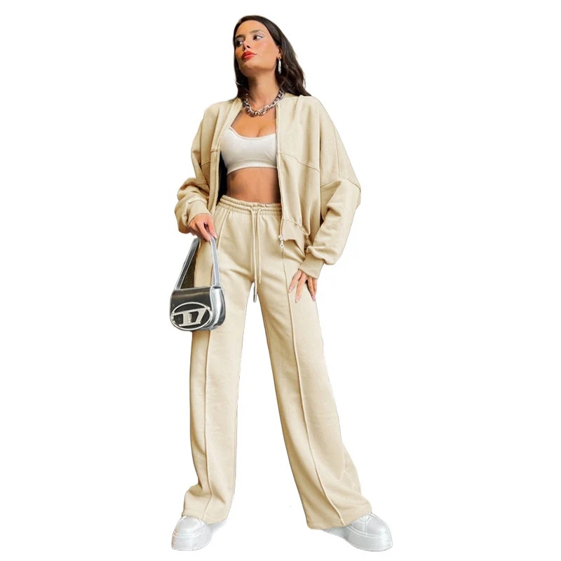 Damen Oversized Zip-Hoodie-Set mit Cropped Top und weiter Naht-Sweathose Nord Taschen