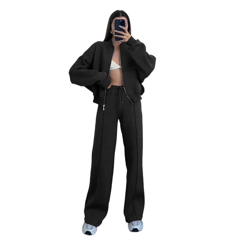 Damen Oversized Zip-Hoodie-Set mit Cropped Top und weiter Naht-Sweathose Nord Taschen