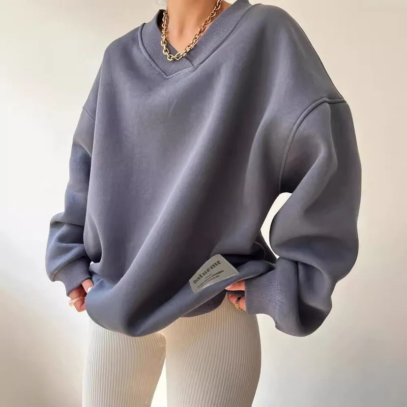 Damen Oversized Sweatshirt mit V-Ausschnitt und geripptem Kragen Nord Taschen