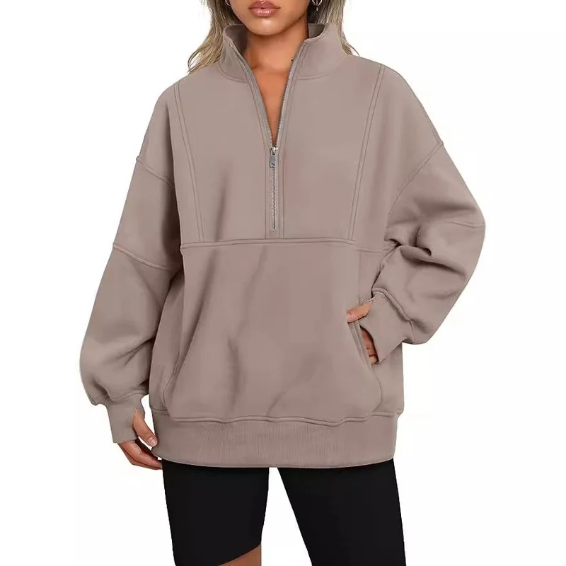 Damen Oversized Sweatshirt mit halbem Reißverschluss, Kängurutasche und Stehkragen Nord Taschen