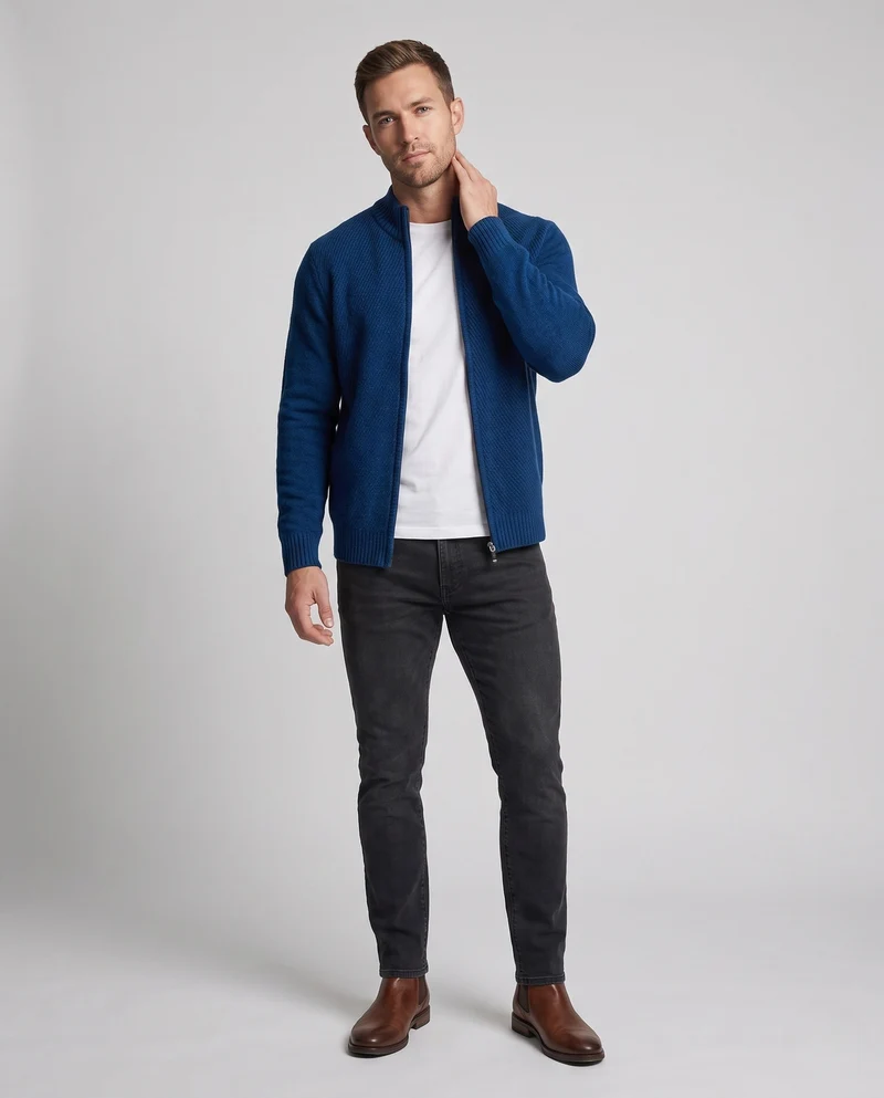 Herren Feinstrick-Zipjacke mit Stehkragen, gerippten Bündchen und diagonal strukturierter Oberfläche Nord Taschen