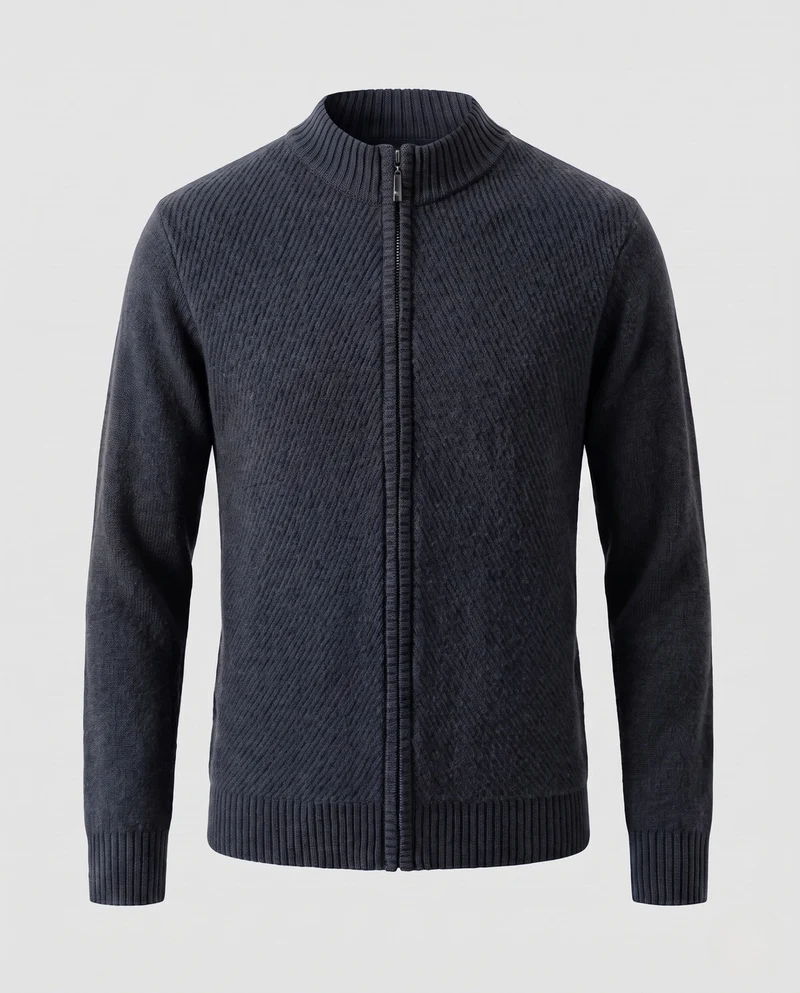 Herren Feinstrick-Zipjacke mit Stehkragen, gerippten Bündchen und diagonal strukturierter Oberfläche Nord Taschen