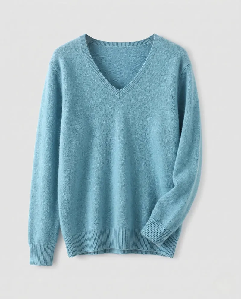 Damen Weicher V‑Ausschnitt‑Pullover in Angora‑Optik mit Mohair‑Mix und gerippten Bündchen Nord Taschen
