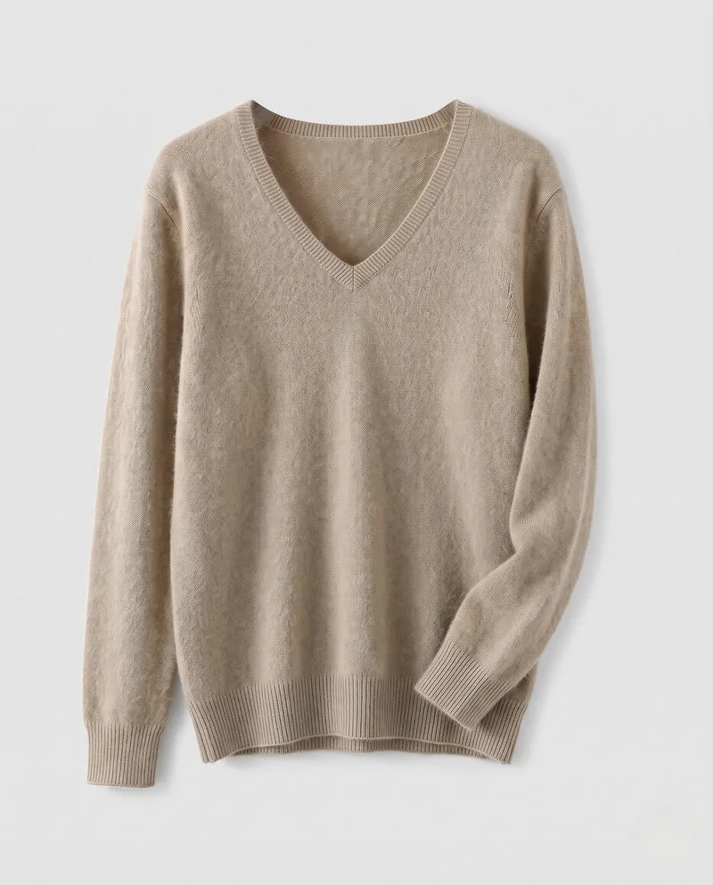 Damen Weicher V‑Ausschnitt‑Pullover in Angora‑Optik mit Mohair‑Mix und gerippten Bündchen Nord Taschen