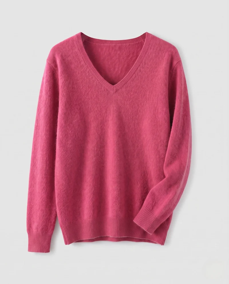 Damen Weicher V‑Ausschnitt‑Pullover in Angora‑Optik mit Mohair‑Mix und gerippten Bündchen Nord Taschen